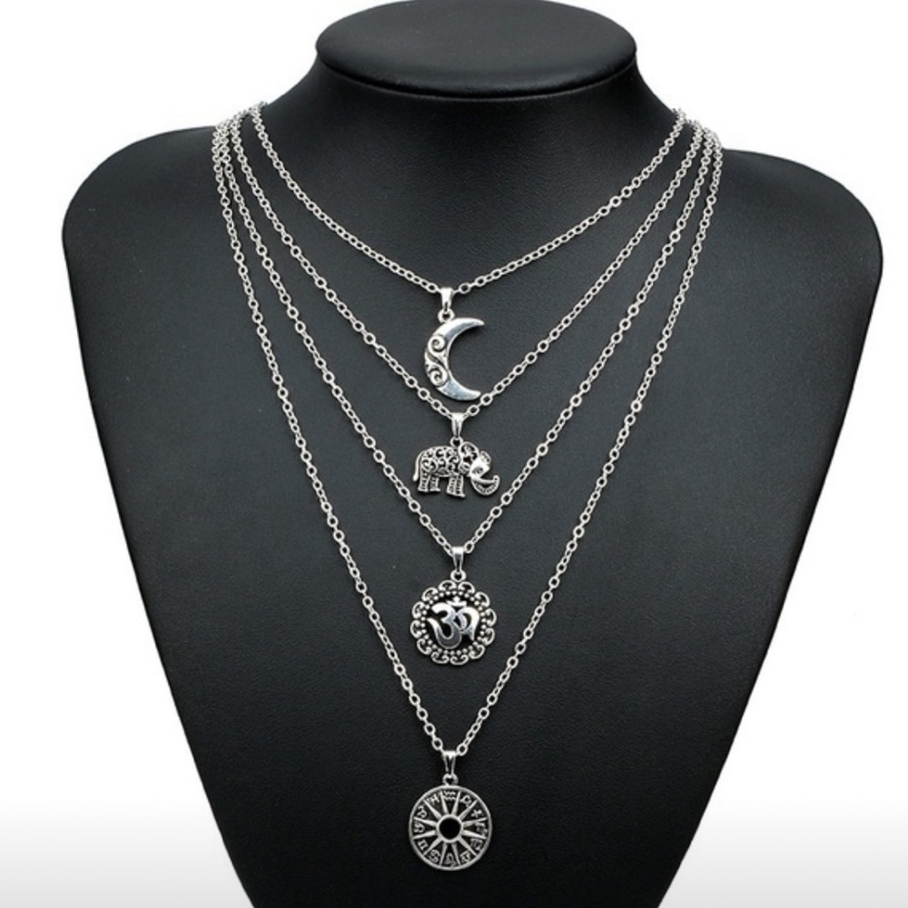 Elephant Moon Pendant Multi Layer Chain Necklace - image 2